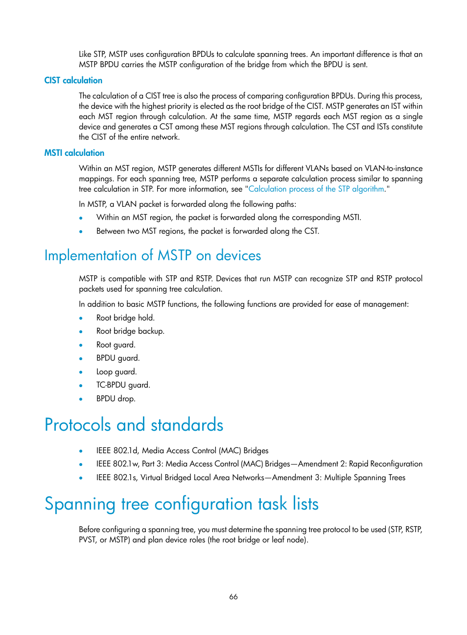 Cist calculation, Msti calculation, Implementation of mstp on devices | Protocols and standards, Spanning tree configuration task lists | H3C Technologies H3C WX5500E Series Access Controllers User Manual | Page 77 / 221