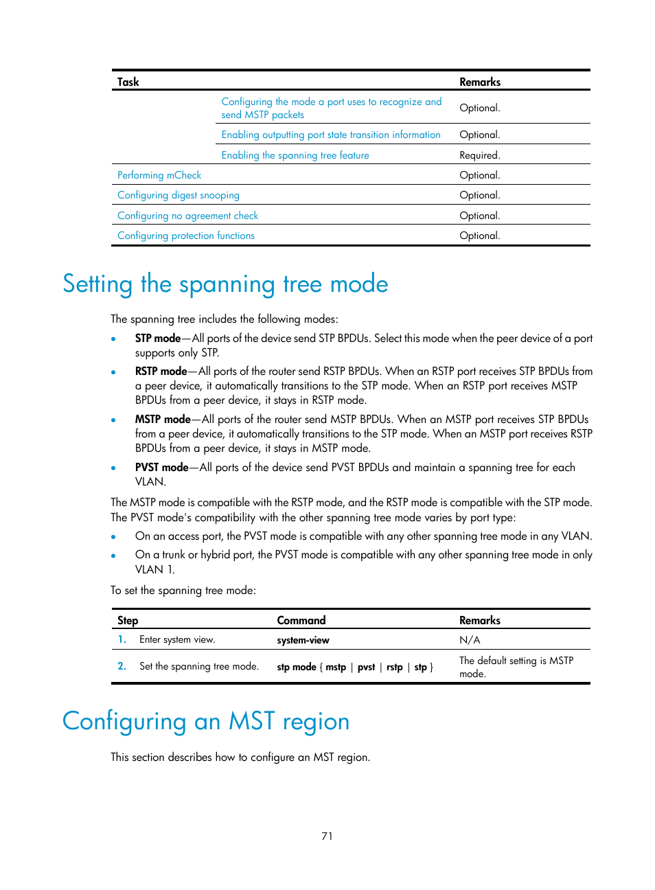 Setting the spanning tree mode, Configuring an mst region | H3C Technologies H3C WX5500E Series Access Controllers User Manual | Page 82 / 221