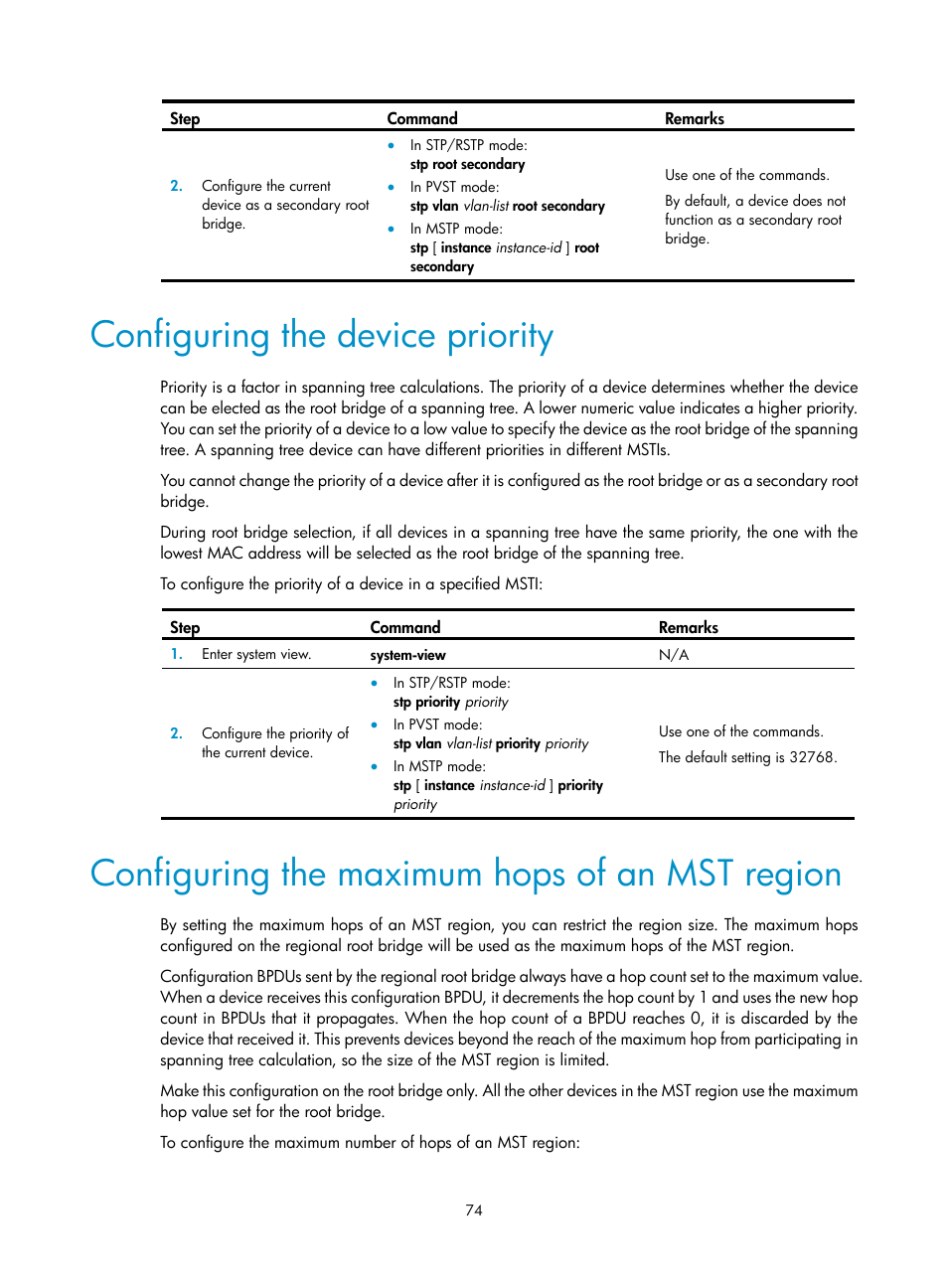 Configuring the device priority, Configuring the maximum hops of an mst region | H3C Technologies H3C WX5500E Series Access Controllers User Manual | Page 85 / 221
