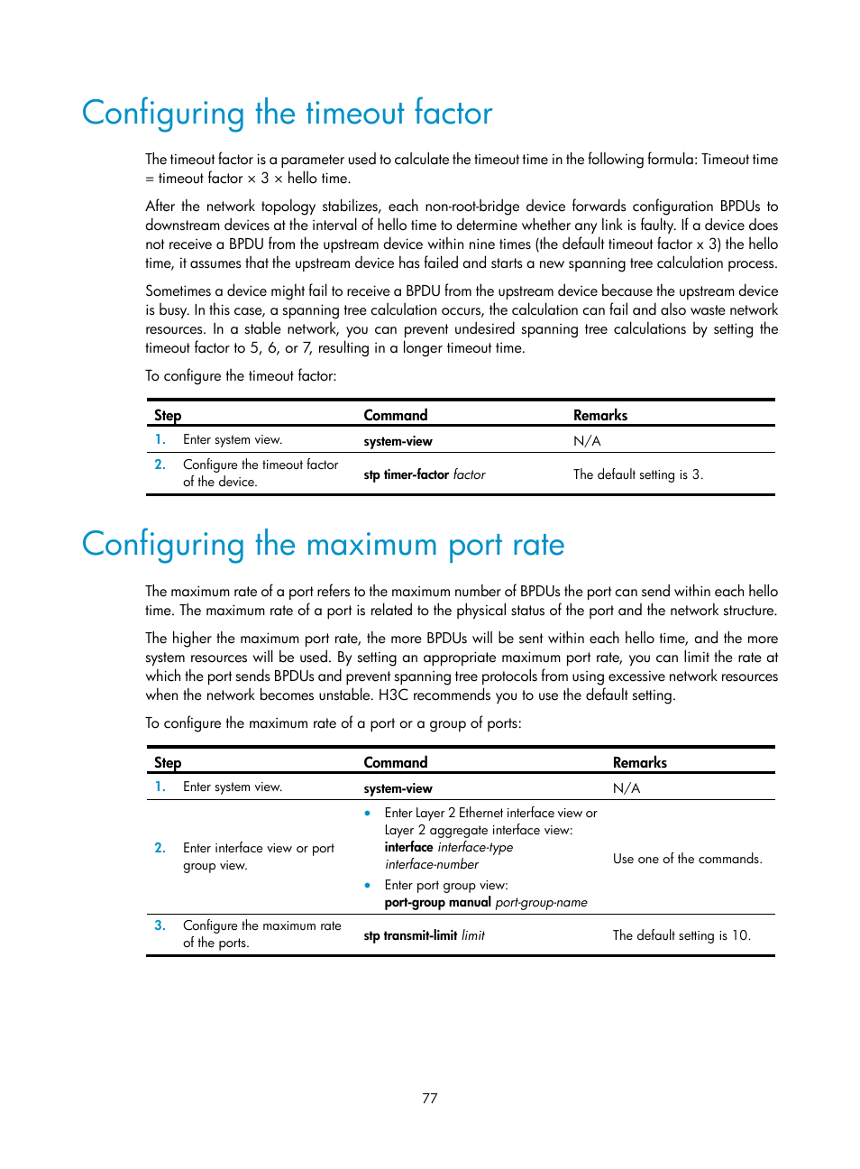 Configuring the timeout factor, Configuring the maximum port rate | H3C Technologies H3C WX5500E Series Access Controllers User Manual | Page 88 / 221