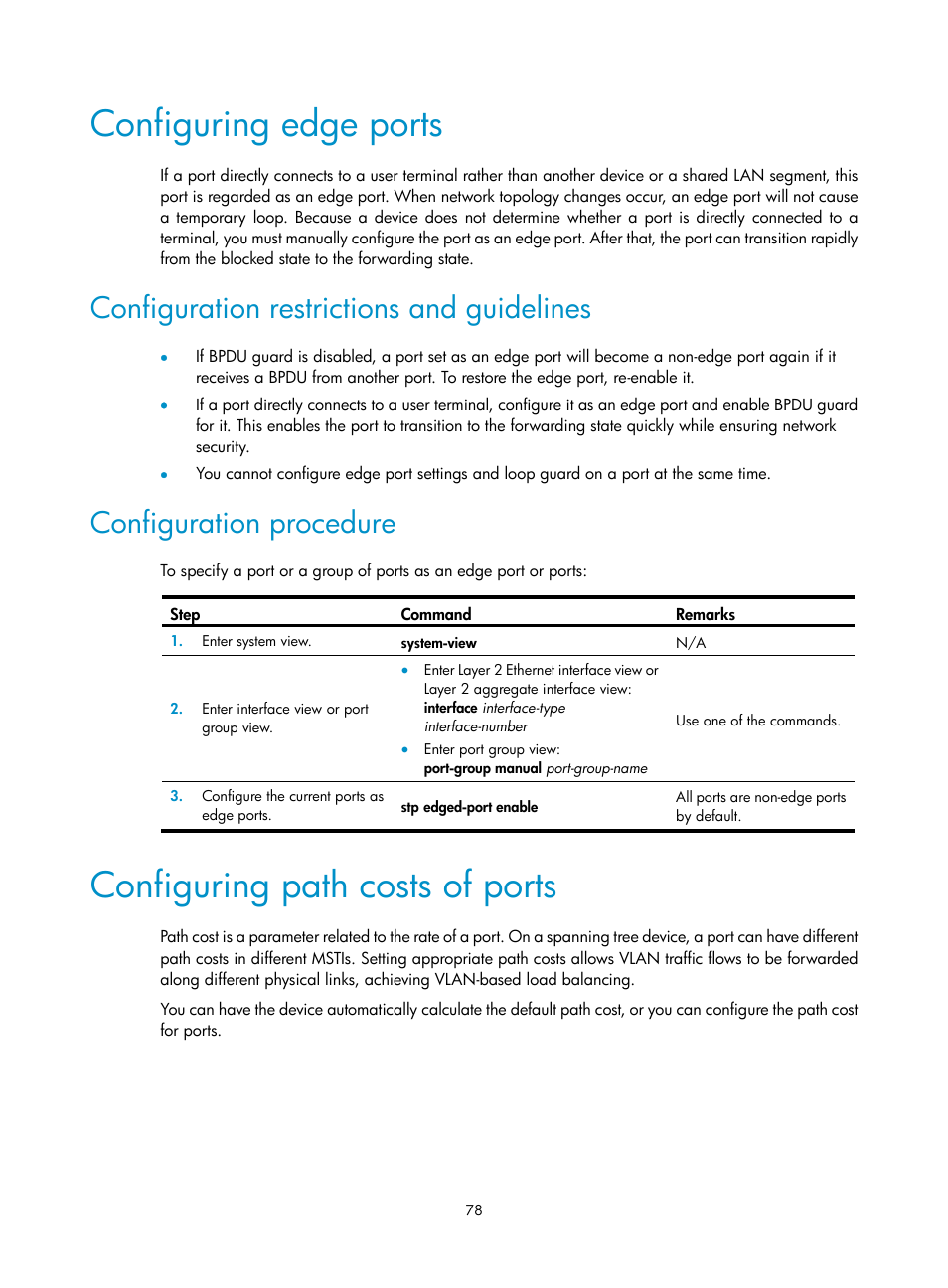 Configuring edge ports, Configuration restrictions and guidelines, Configuration procedure | Configuring path costs of ports | H3C Technologies H3C WX5500E Series Access Controllers User Manual | Page 89 / 221