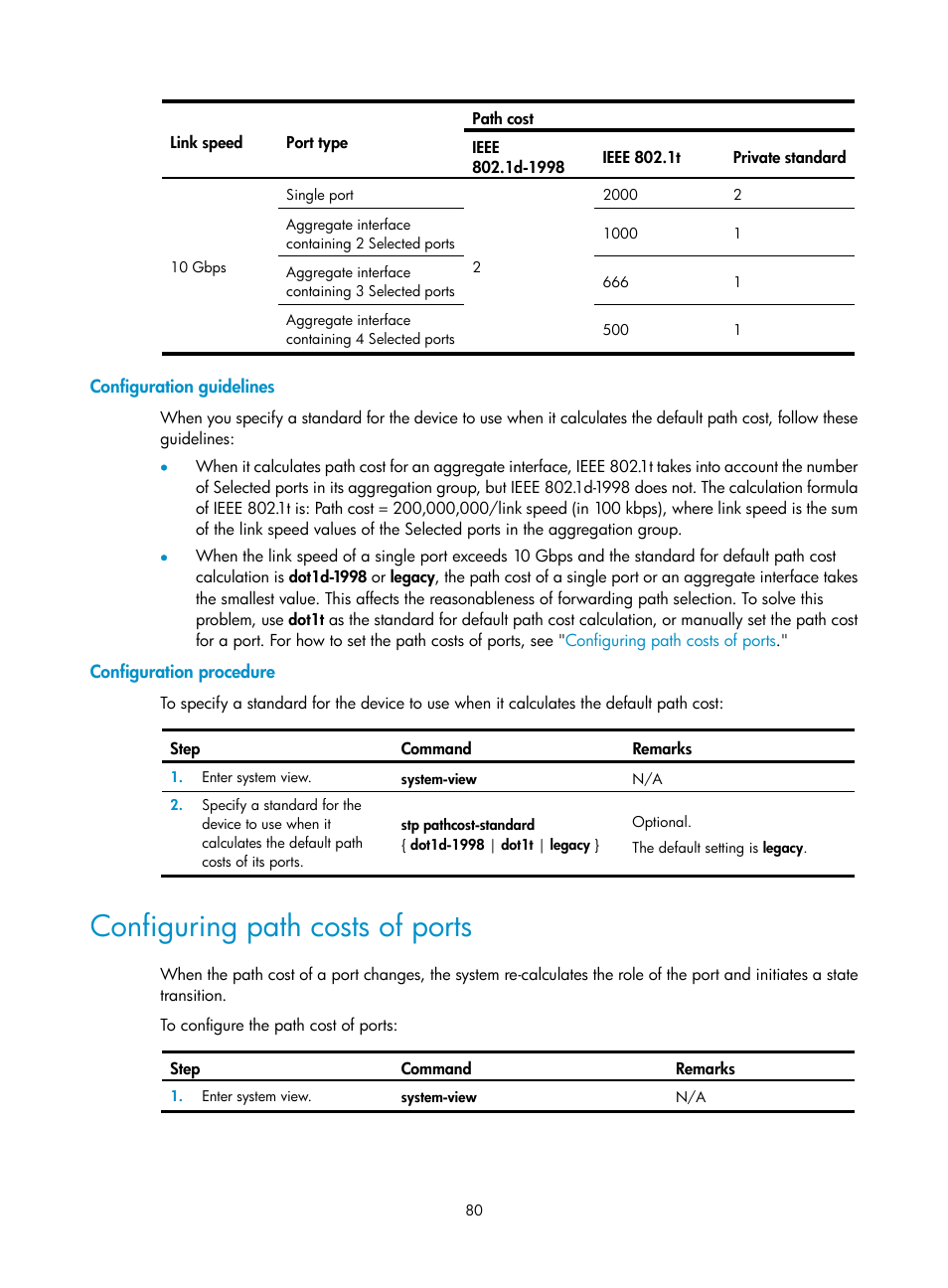 Configuration guidelines, Configuration procedure, Configuring path costs of ports | H3C Technologies H3C WX5500E Series Access Controllers User Manual | Page 91 / 221
