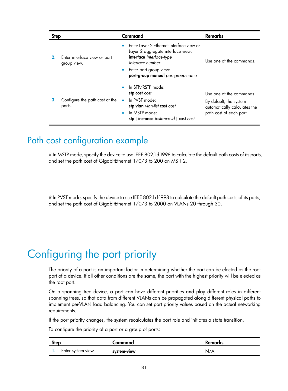 Path cost configuration example, Configuring the port priority | H3C Technologies H3C WX5500E Series Access Controllers User Manual | Page 92 / 221