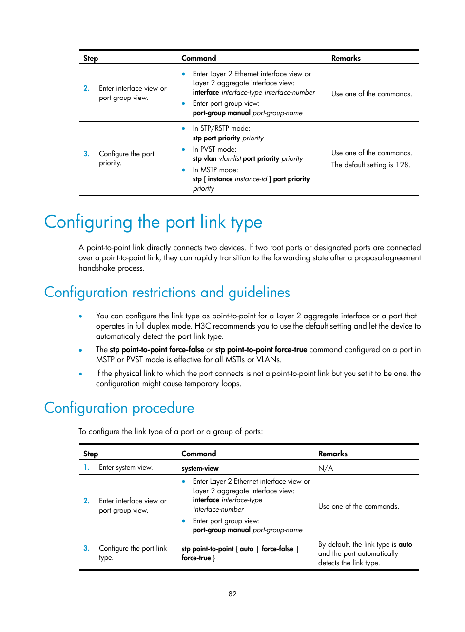 Configuring the port link type, Configuration restrictions and guidelines, Configuration procedure | H3C Technologies H3C WX5500E Series Access Controllers User Manual | Page 93 / 221