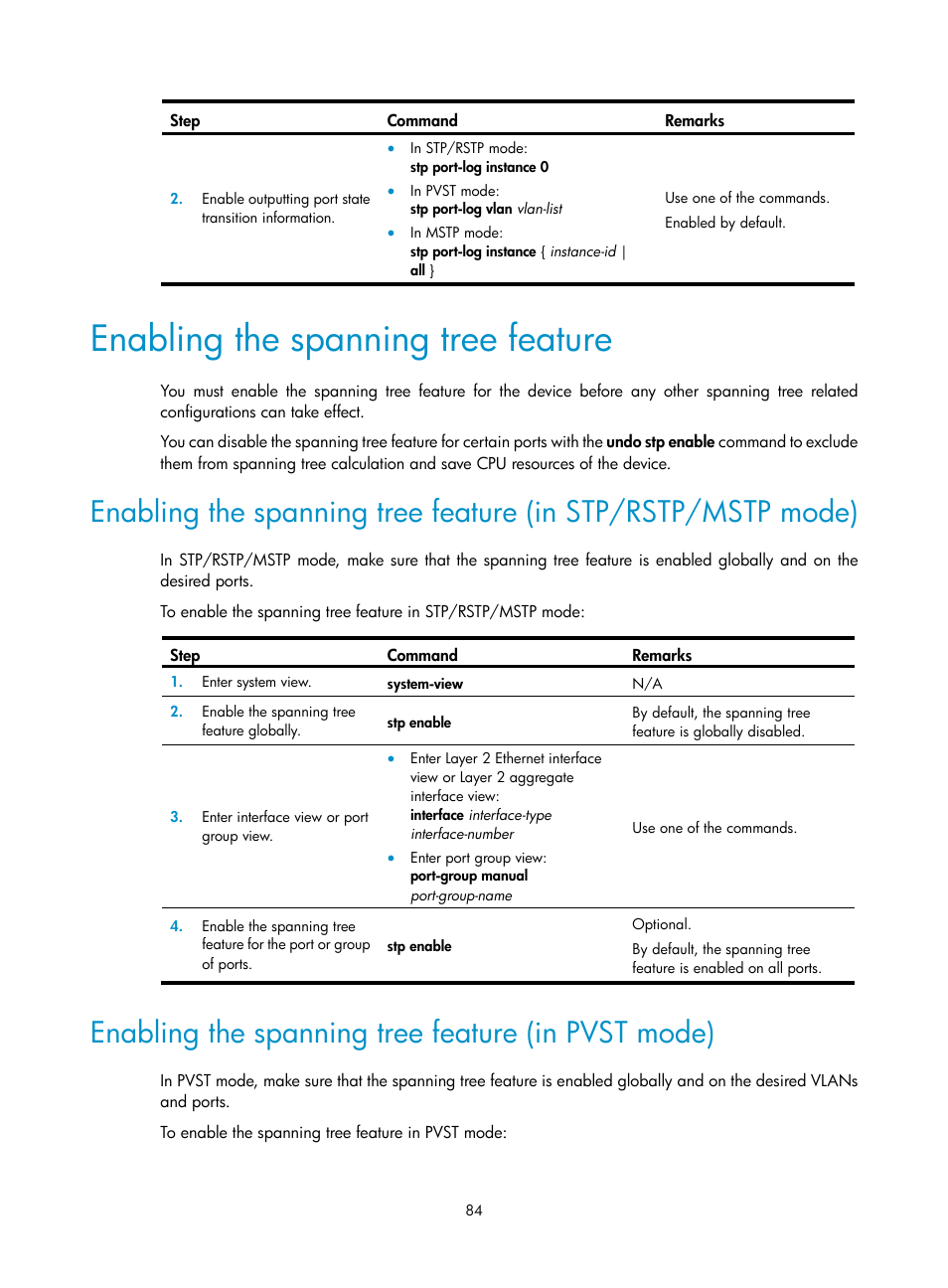 Enabling the spanning tree feature, Enabling the spanning tree feature (in pvst mode) | H3C Technologies H3C WX5500E Series Access Controllers User Manual | Page 95 / 221