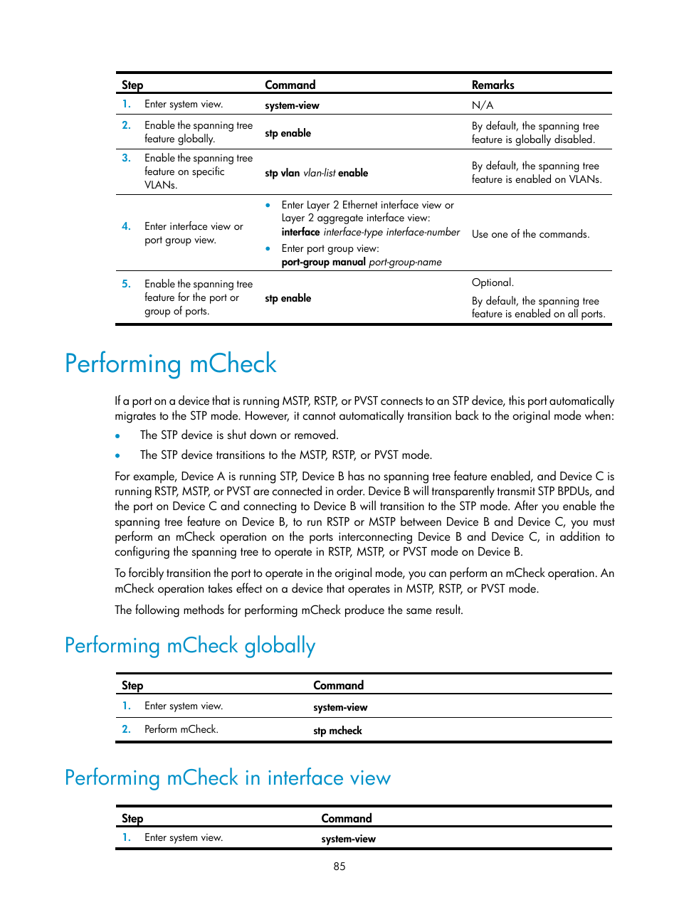 Performing mcheck, Performing mcheck globally, Performing mcheck in interface view | H3C Technologies H3C WX5500E Series Access Controllers User Manual | Page 96 / 221