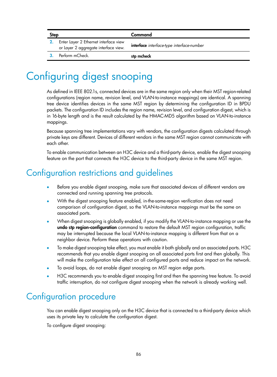 Configuring digest snooping, Configuration restrictions and guidelines, Configuration procedure | H3C Technologies H3C WX5500E Series Access Controllers User Manual | Page 97 / 221