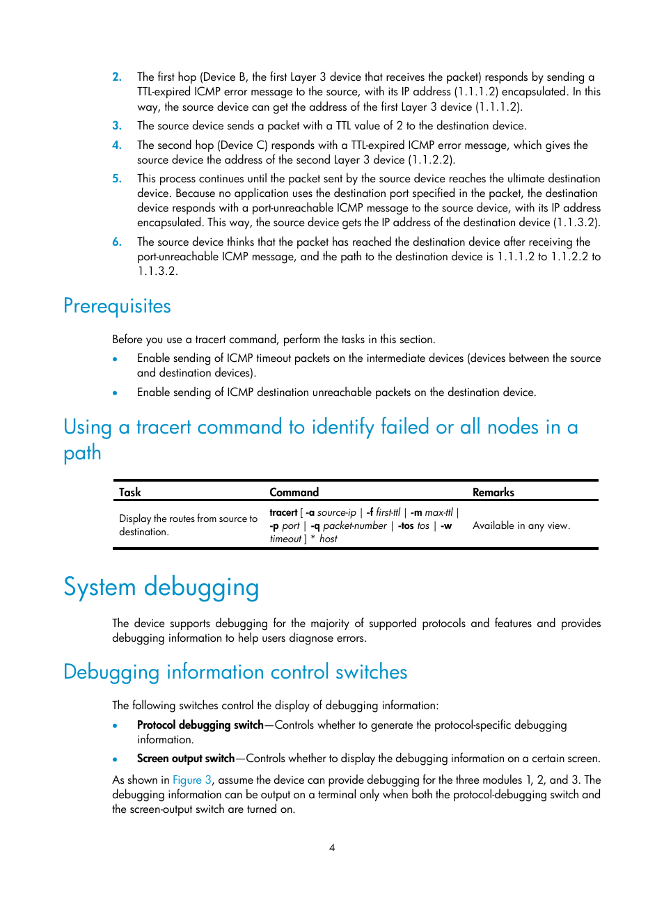 Prerequisites, System debugging, Debugging information control switches | H3C Technologies H3C WX5500E Series Access Controllers User Manual | Page 12 / 104