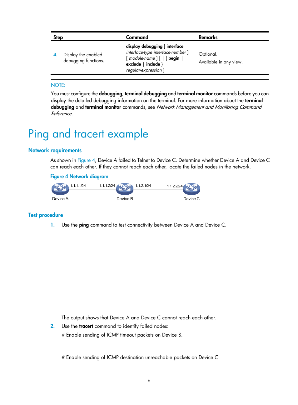 Ping and tracert example, Network requirements, Test procedure | H3C Technologies H3C WX5500E Series Access Controllers User Manual | Page 14 / 104