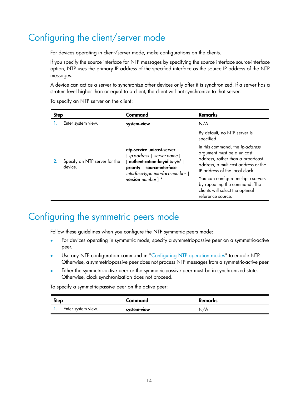 Configuring the client/server mode, Configuring the symmetric peers mode | H3C Technologies H3C WX5500E Series Access Controllers User Manual | Page 22 / 104