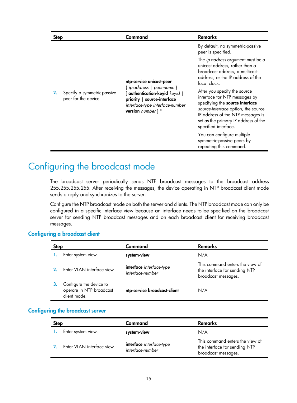 Configuring the broadcast mode, Configuring a broadcast client, Configuring the broadcast server | H3C Technologies H3C WX5500E Series Access Controllers User Manual | Page 23 / 104