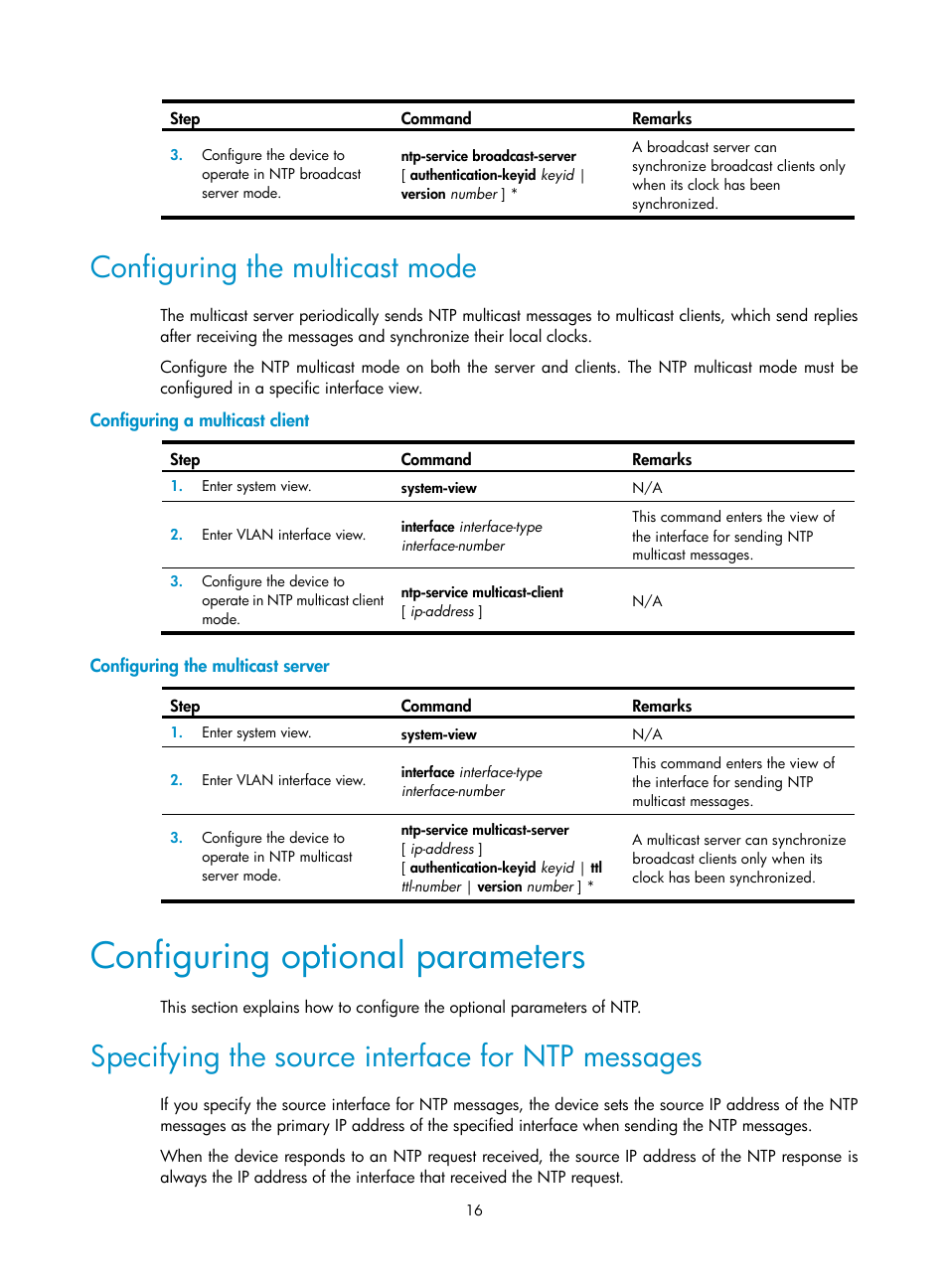 Configuring the multicast mode, Configuring a multicast client, Configuring the multicast server | Configuring optional parameters, Specifying the source interface for ntp messages | H3C Technologies H3C WX5500E Series Access Controllers User Manual | Page 24 / 104