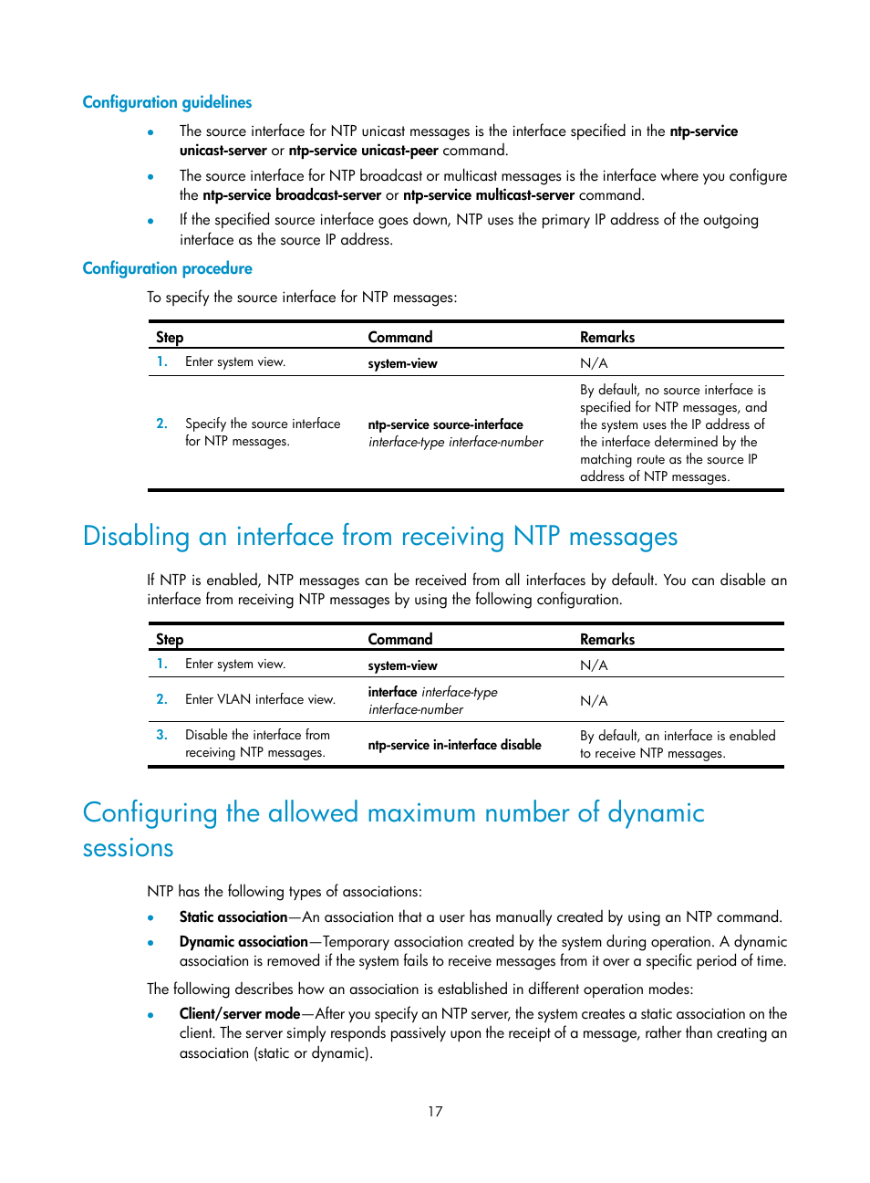 Configuration guidelines, Configuration procedure, Disabling an interface from receiving ntp messages | H3C Technologies H3C WX5500E Series Access Controllers User Manual | Page 25 / 104