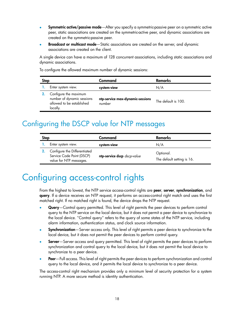 Configuring the dscp value for ntp messages, Configuring access-control rights | H3C Technologies H3C WX5500E Series Access Controllers User Manual | Page 26 / 104