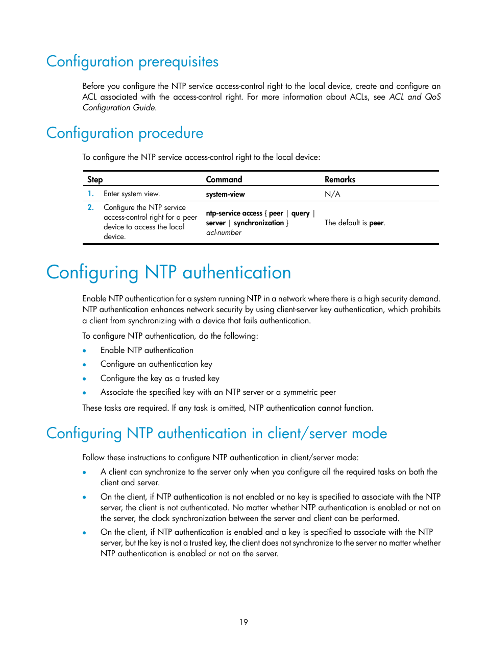 Configuration prerequisites, Configuration procedure, Configuring ntp authentication | H3C Technologies H3C WX5500E Series Access Controllers User Manual | Page 27 / 104