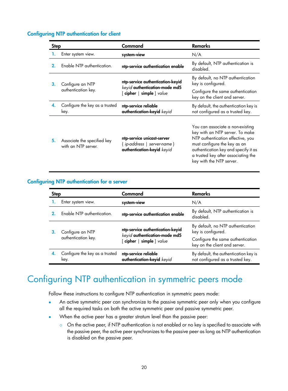 Configuring ntp authentication for client, Configuring ntp authentication for a server | H3C Technologies H3C WX5500E Series Access Controllers User Manual | Page 28 / 104
