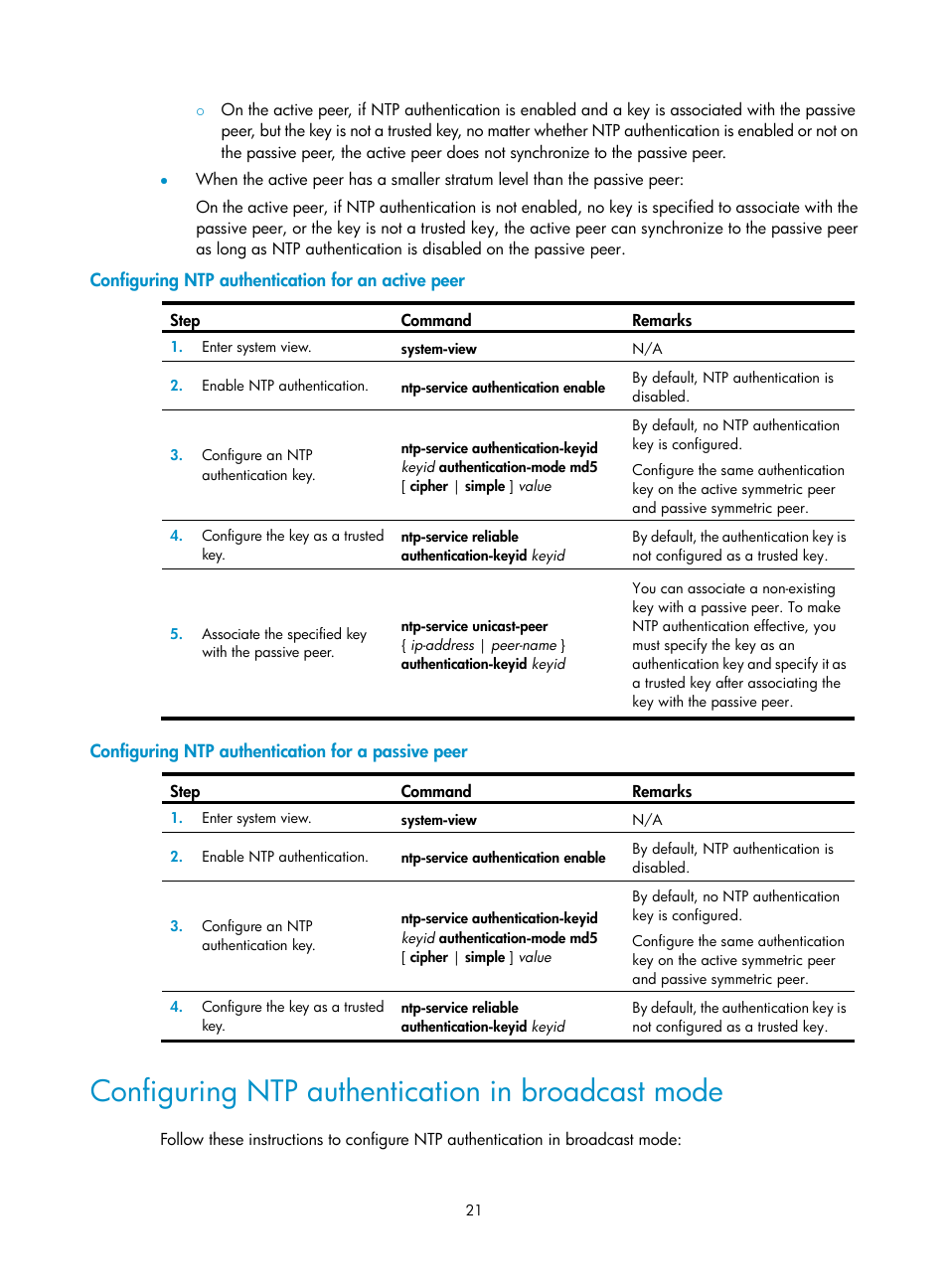 Configuring ntp authentication for an active peer, Configuring ntp authentication for a passive peer, Configuring ntp authentication in broadcast mode | H3C Technologies H3C WX5500E Series Access Controllers User Manual | Page 29 / 104