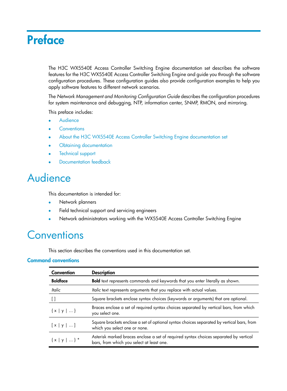 Preface, Audience, Conventions | Command conventions | H3C Technologies H3C WX5500E Series Access Controllers User Manual | Page 3 / 104