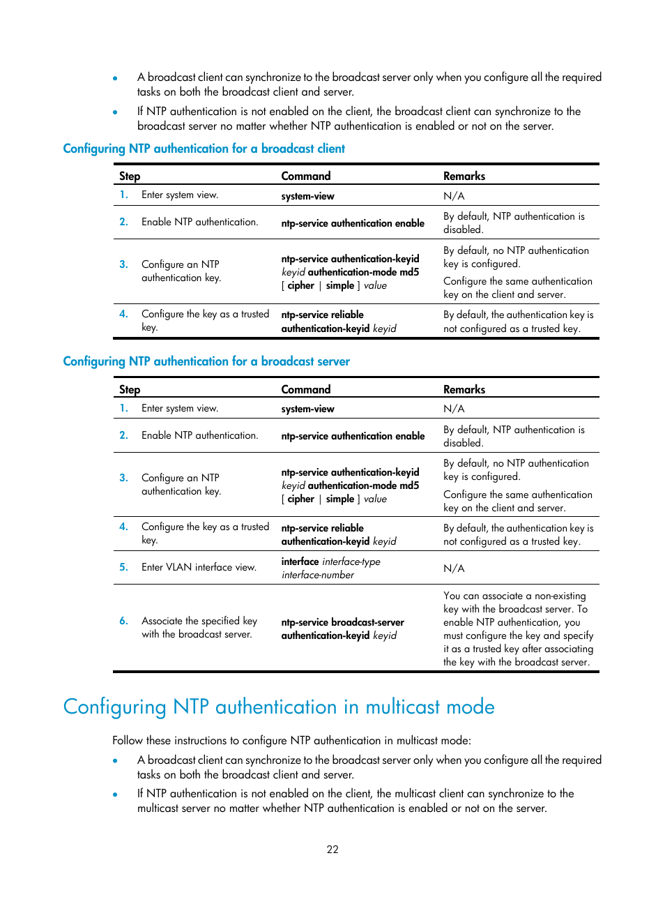 Configuring ntp authentication in multicast mode | H3C Technologies H3C WX5500E Series Access Controllers User Manual | Page 30 / 104