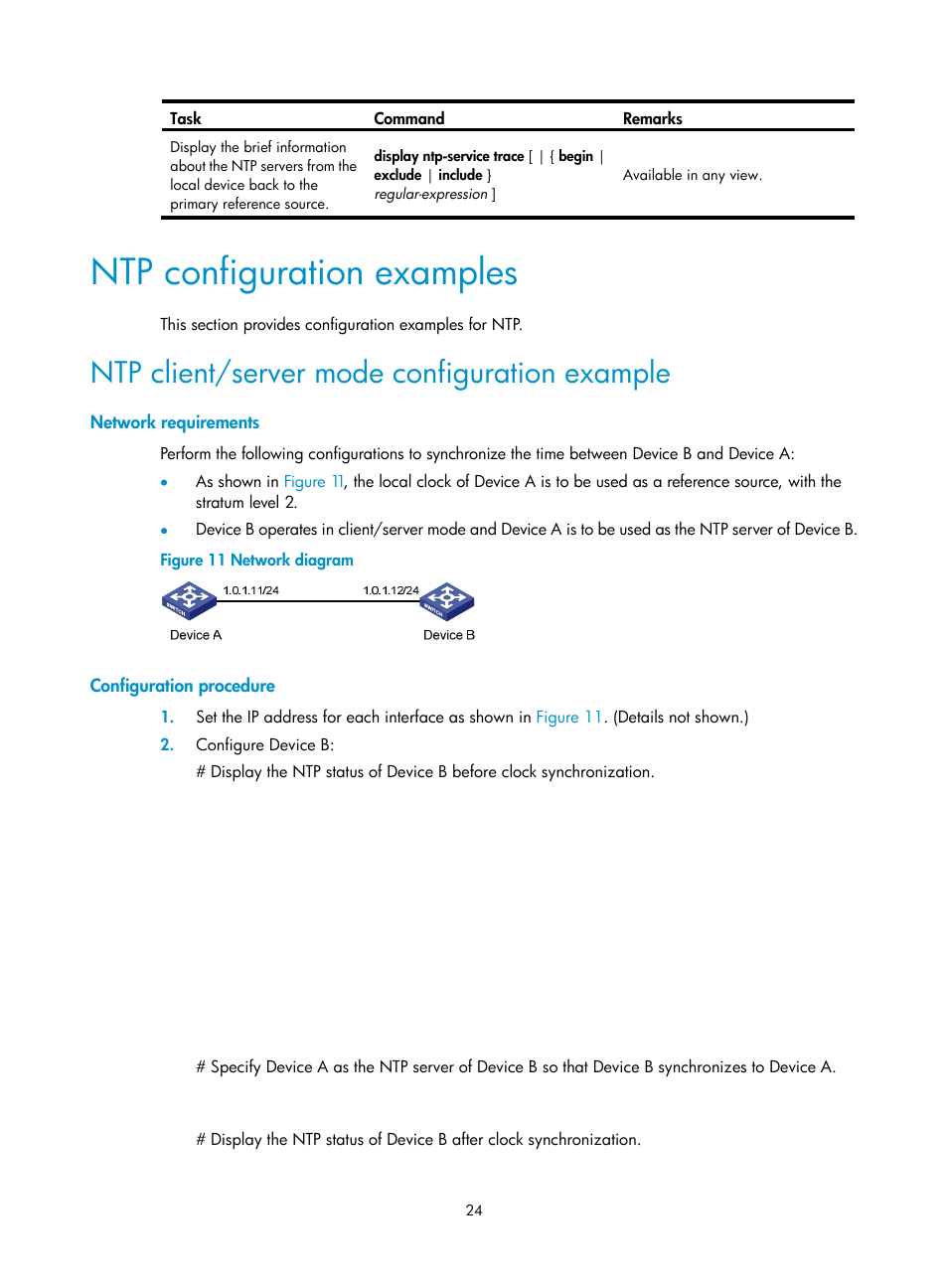 Ntp configuration examples, Ntp client/server mode configuration example, Network requirements | Configuration procedure | H3C Technologies H3C WX5500E Series Access Controllers User Manual | Page 32 / 104