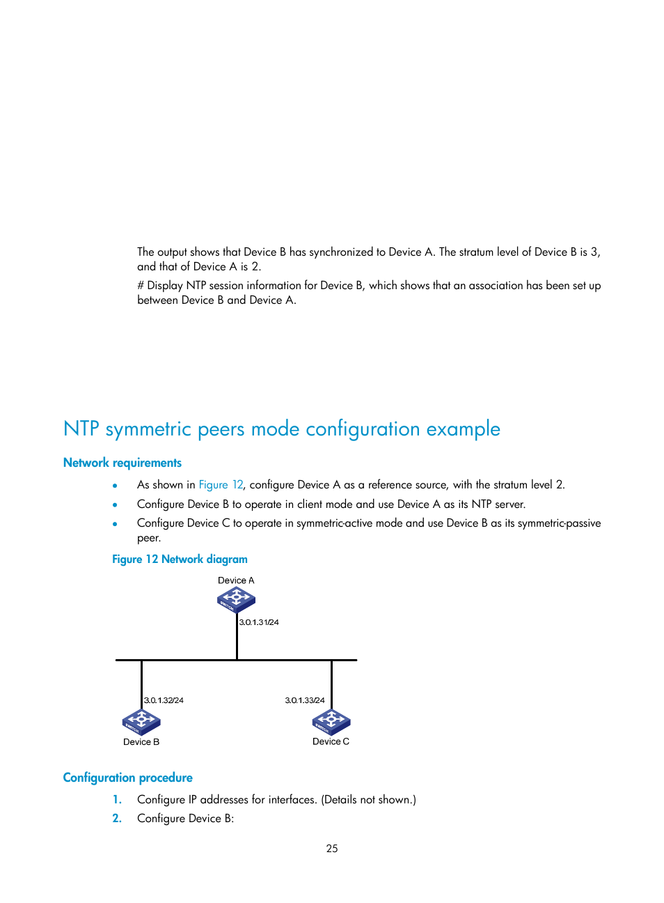 Ntp symmetric peers mode configuration example, Network requirements, Configuration procedure | H3C Technologies H3C WX5500E Series Access Controllers User Manual | Page 33 / 104