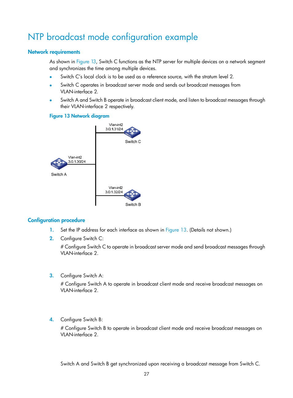 Ntp broadcast mode configuration example, Network requirements, Configuration procedure | H3C Technologies H3C WX5500E Series Access Controllers User Manual | Page 35 / 104