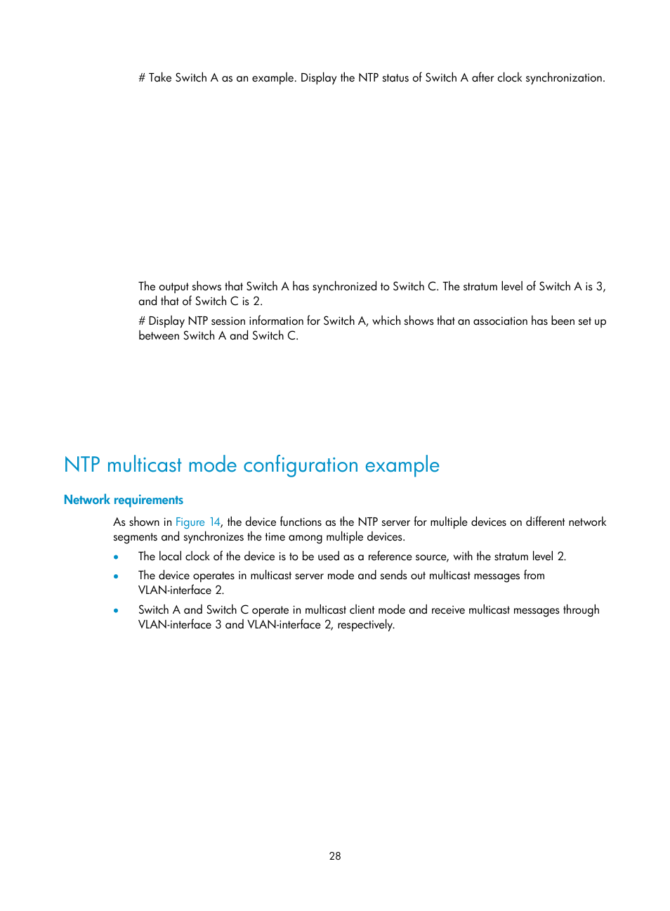 Ntp multicast mode configuration example, Network requirements | H3C Technologies H3C WX5500E Series Access Controllers User Manual | Page 36 / 104