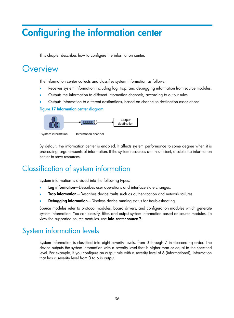 Configuring the information center, Overview, Classification of system information | System information levels | H3C Technologies H3C WX5500E Series Access Controllers User Manual | Page 44 / 104