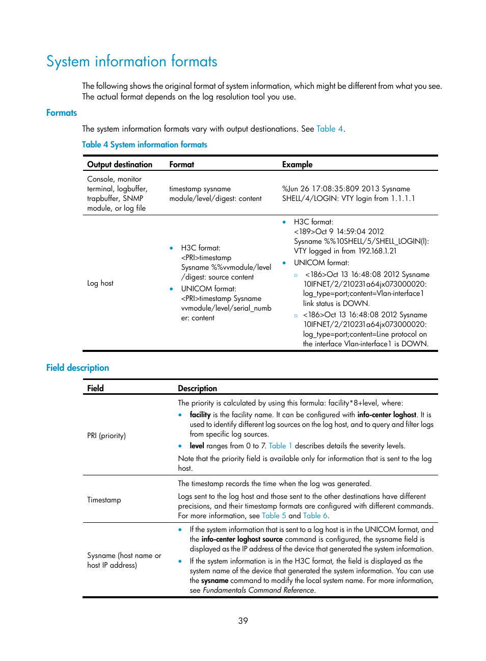 System information formats, Formats, Field description | H3C Technologies H3C WX5500E Series Access Controllers User Manual | Page 47 / 104