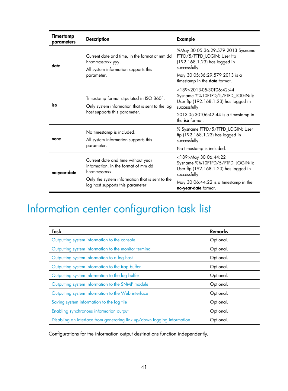 Information center configuration task list | H3C Technologies H3C WX5500E Series Access Controllers User Manual | Page 49 / 104