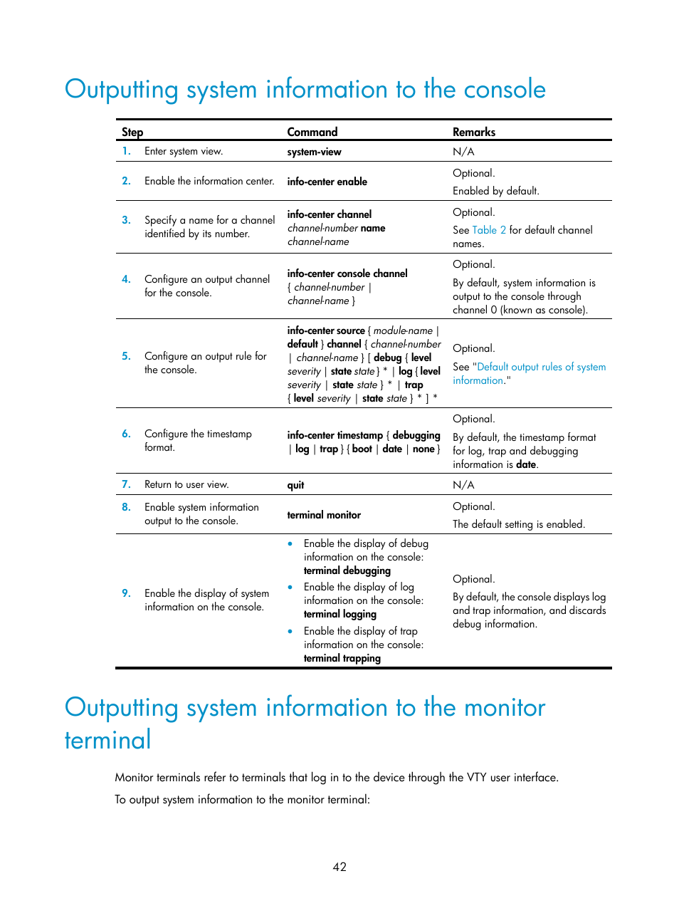 Outputting system information to the console | H3C Technologies H3C WX5500E Series Access Controllers User Manual | Page 50 / 104