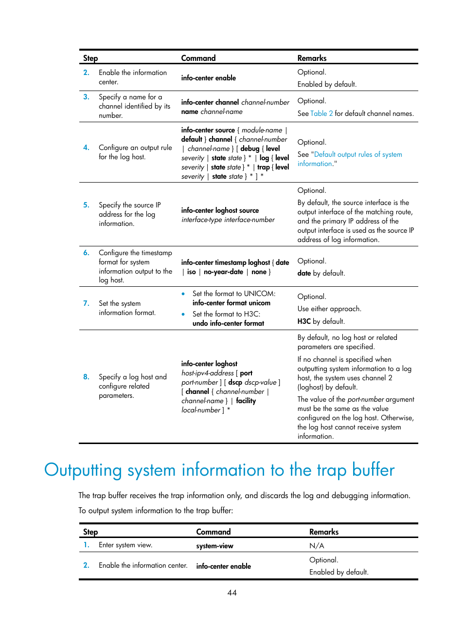 Outputting system information to the trap buffer | H3C Technologies H3C WX5500E Series Access Controllers User Manual | Page 52 / 104