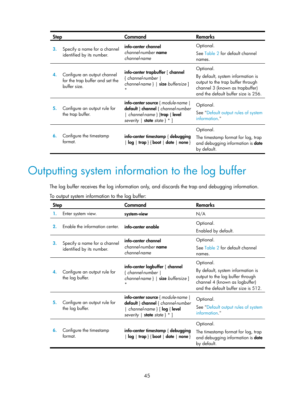 Outputting system information to the log buffer | H3C Technologies H3C WX5500E Series Access Controllers User Manual | Page 53 / 104