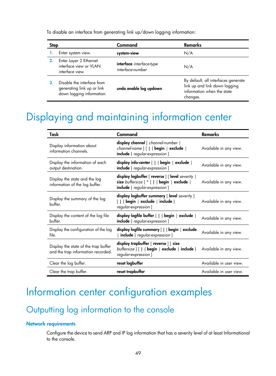 Displaying and maintaining information center, Information center configuration examples, Outputting log information to the console | Network requirements | H3C Technologies H3C WX5500E Series Access Controllers User Manual | Page 57 / 104