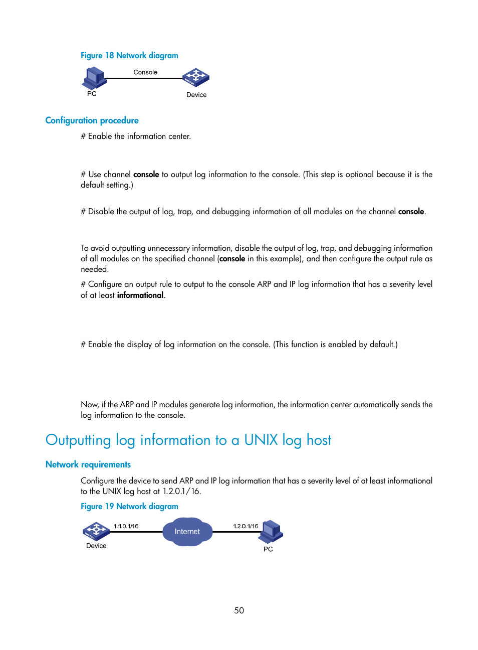 Configuration procedure, Outputting log information to a unix log host, Network requirements | H3C Technologies H3C WX5500E Series Access Controllers User Manual | Page 58 / 104