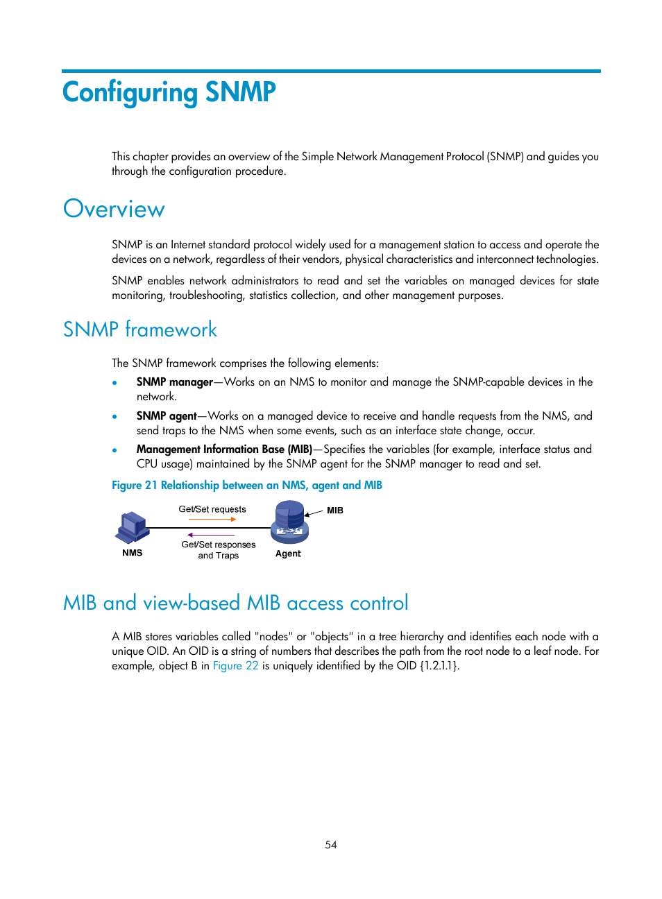 Configuring snmp, Overview, Snmp framework | Mib and view-based mib access control, See "configuring snmp | H3C Technologies H3C WX5500E Series Access Controllers User Manual | Page 62 / 104