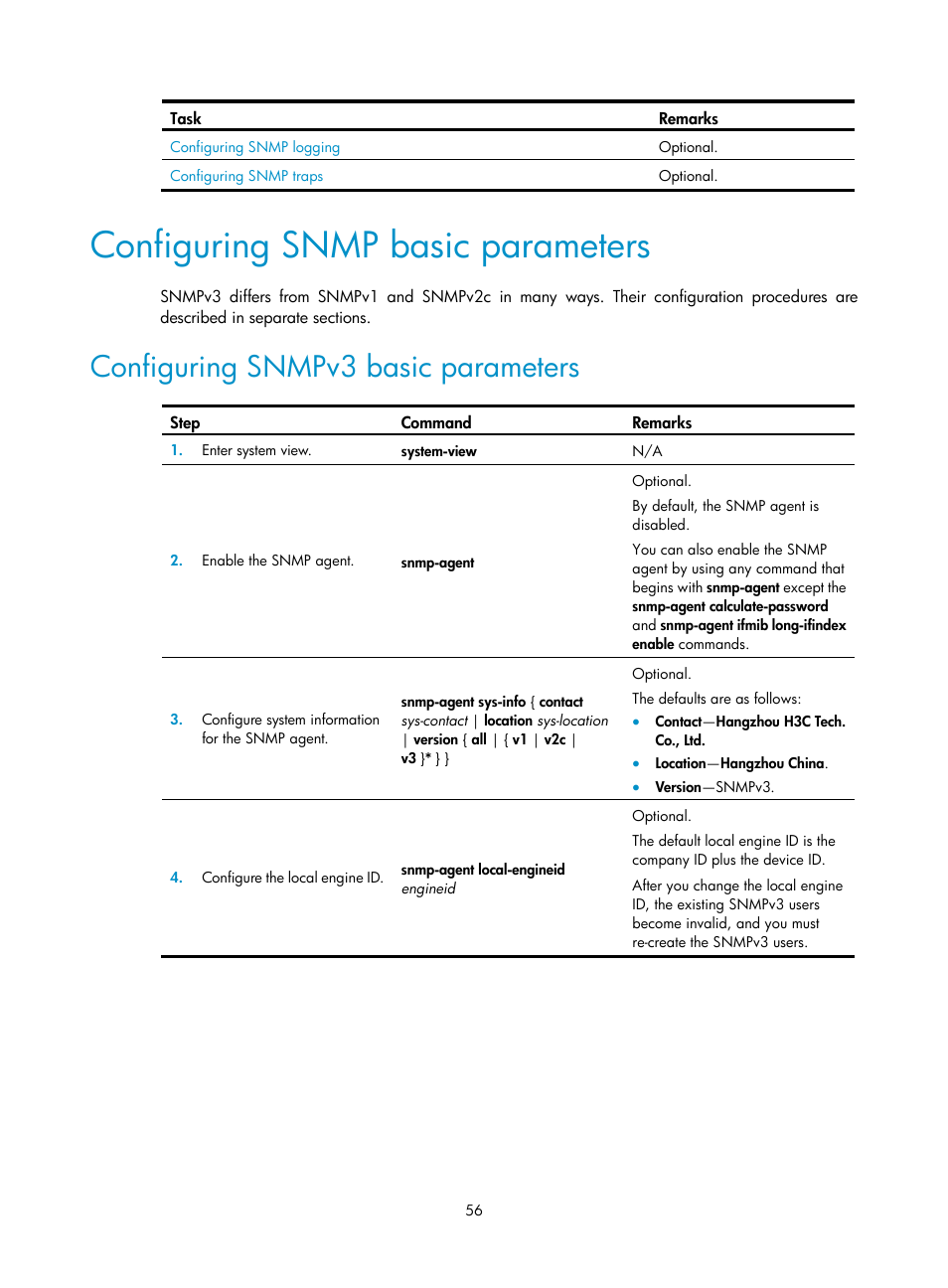 Configuring snmp basic parameters, Configuring snmpv3 basic parameters | H3C Technologies H3C WX5500E Series Access Controllers User Manual | Page 64 / 104