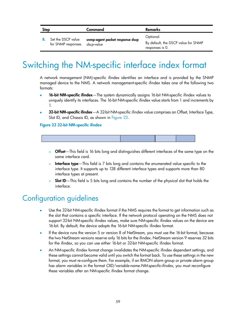 Switching the nm-specific interface index format, Configuration guidelines | H3C Technologies H3C WX5500E Series Access Controllers User Manual | Page 67 / 104