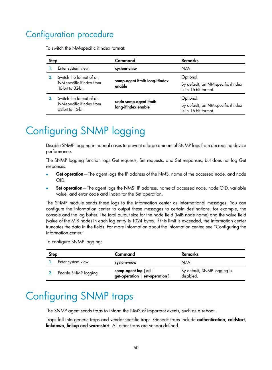 Configuration procedure, Configuring snmp logging, Configuring snmp traps | H3C Technologies H3C WX5500E Series Access Controllers User Manual | Page 68 / 104