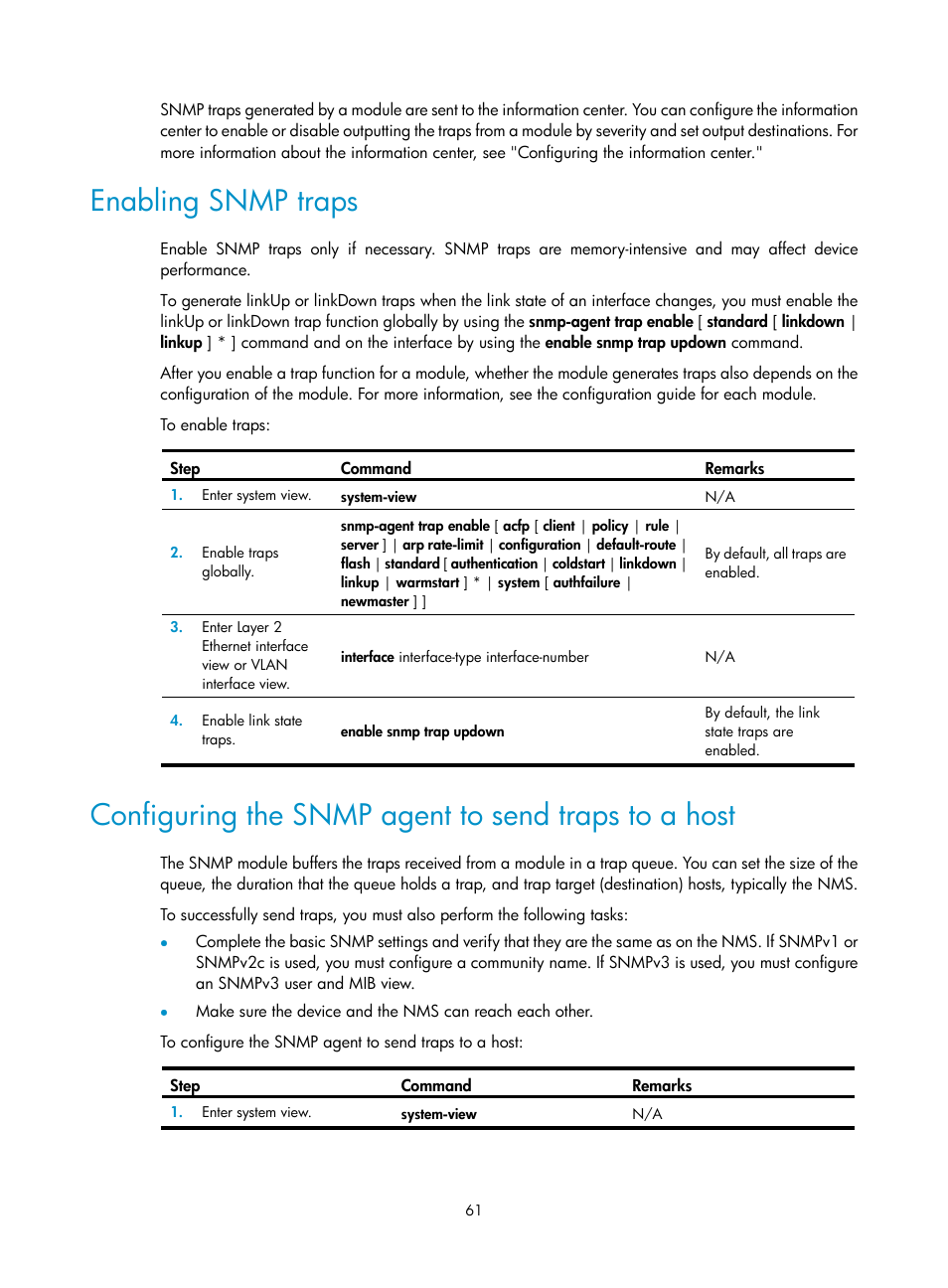 Enabling snmp traps, Configuring the snmp agent to send traps to a host | H3C Technologies H3C WX5500E Series Access Controllers User Manual | Page 69 / 104