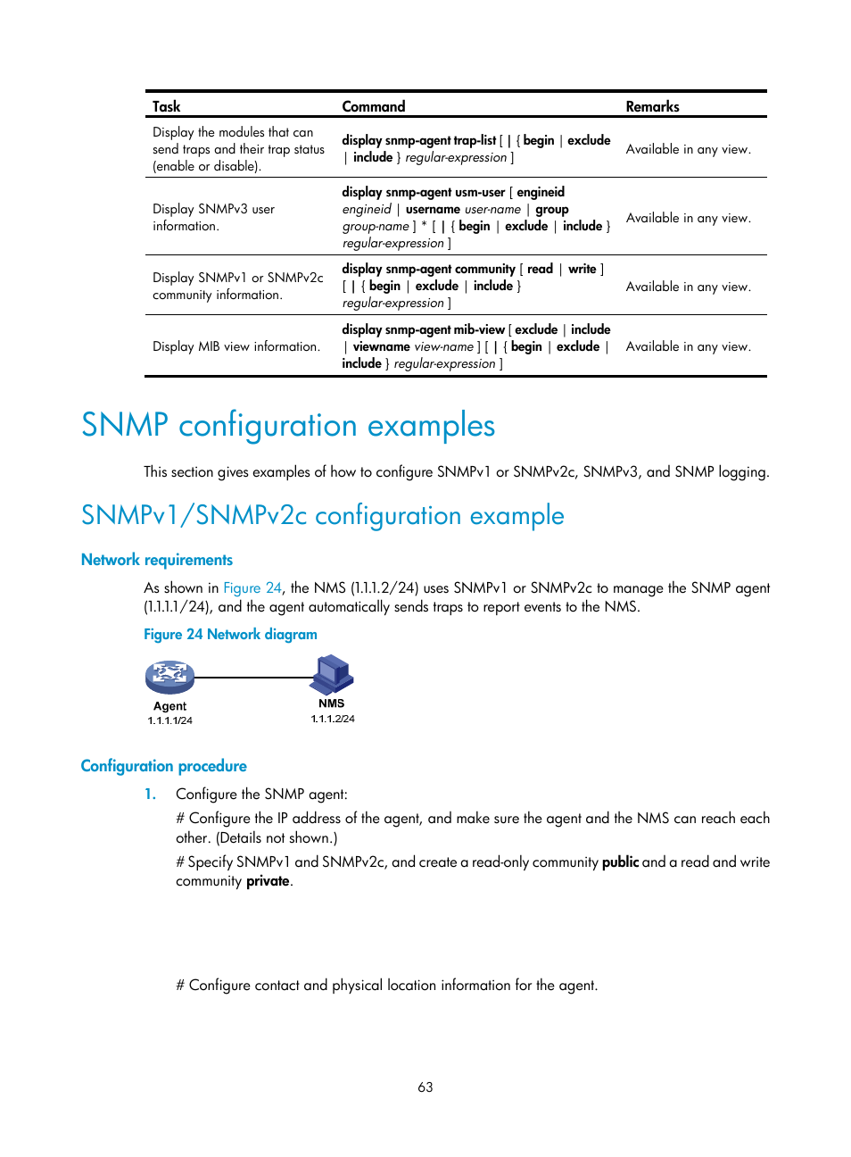 Snmp configuration examples, Snmpv1/snmpv2c configuration example, Network requirements | Configuration procedure | H3C Technologies H3C WX5500E Series Access Controllers User Manual | Page 71 / 104