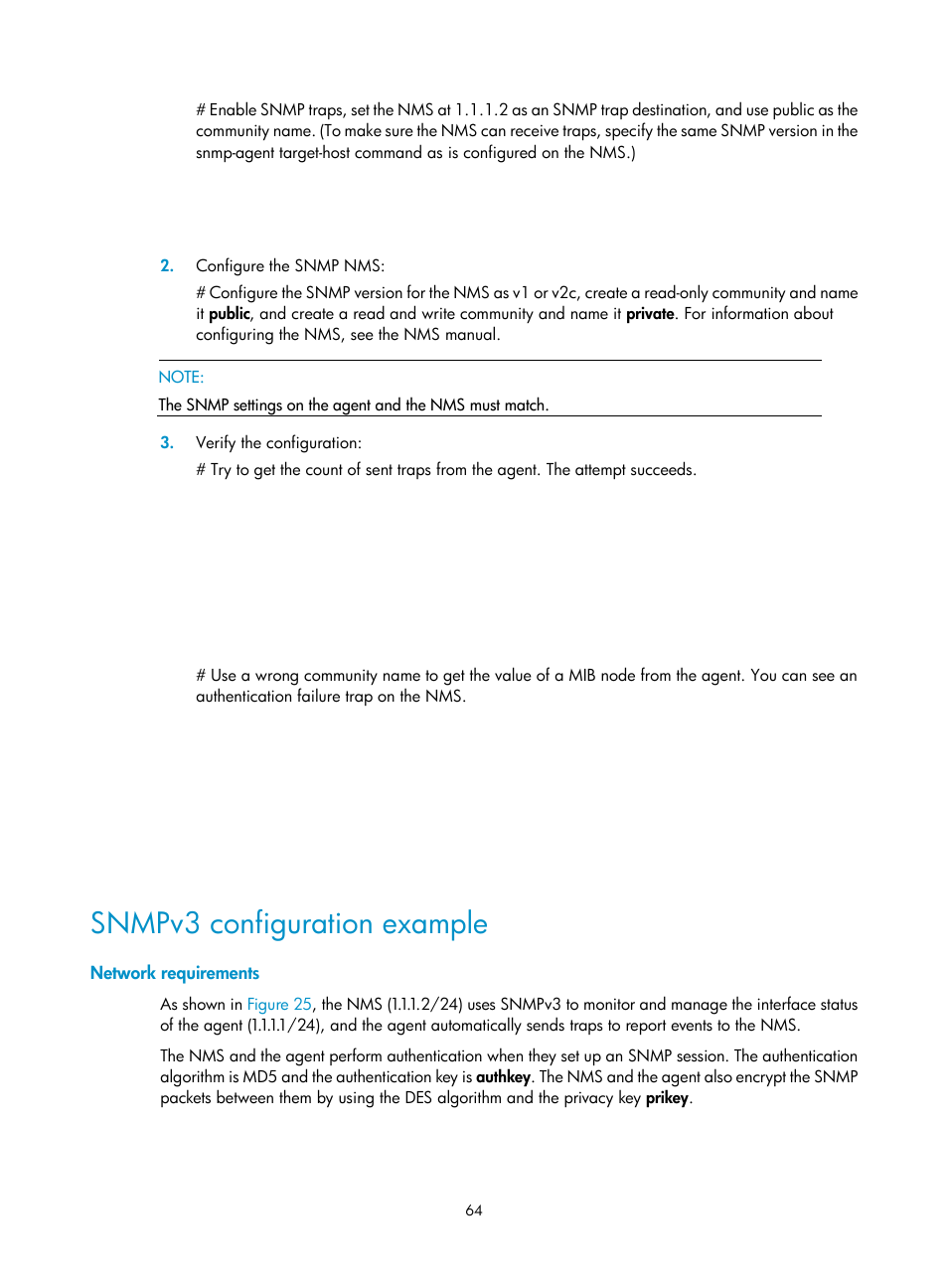 Snmpv3 configuration example, Network requirements | H3C Technologies H3C WX5500E Series Access Controllers User Manual | Page 72 / 104