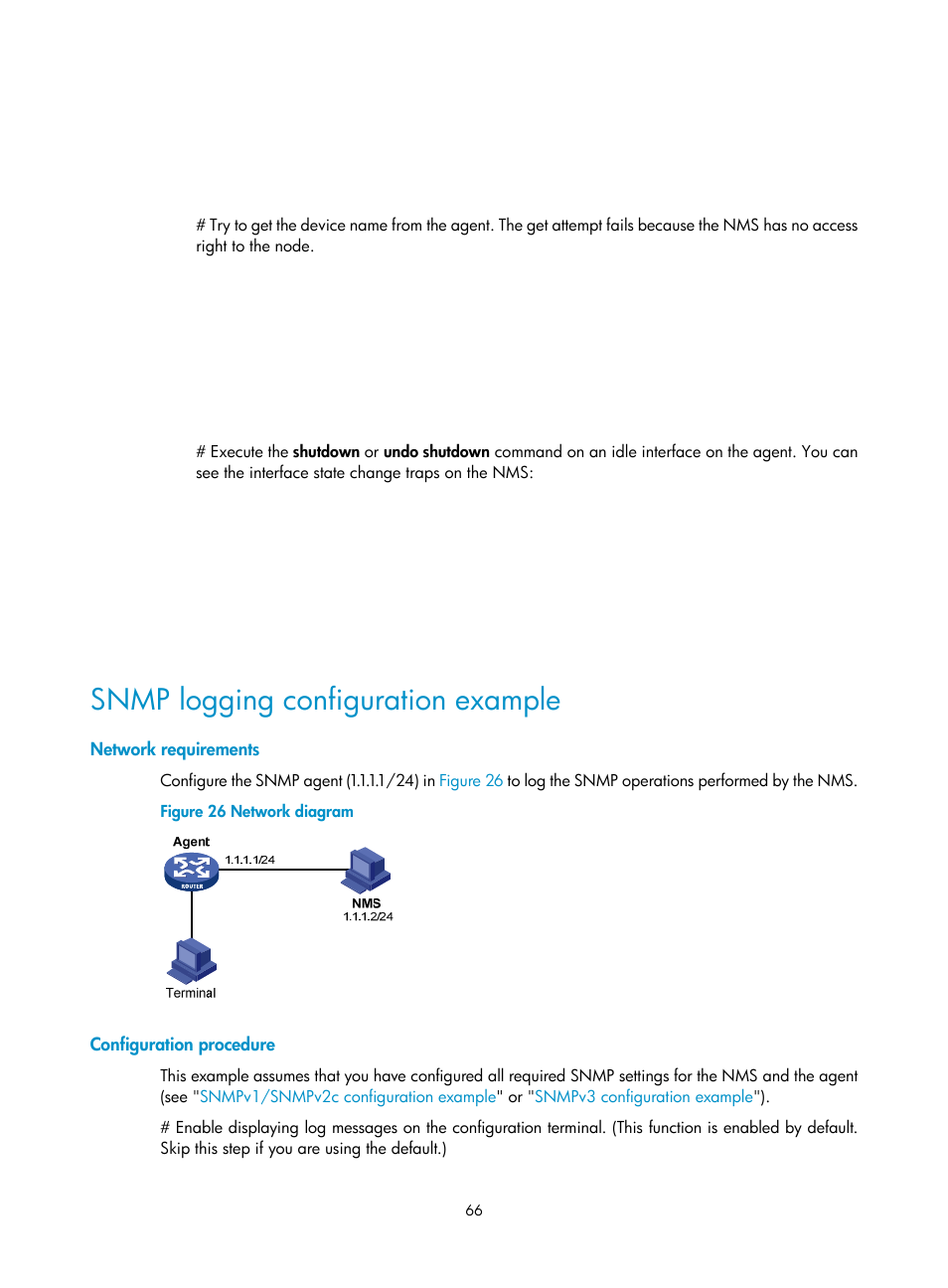 Snmp logging configuration example, Network requirements, Configuration procedure | H3C Technologies H3C WX5500E Series Access Controllers User Manual | Page 74 / 104