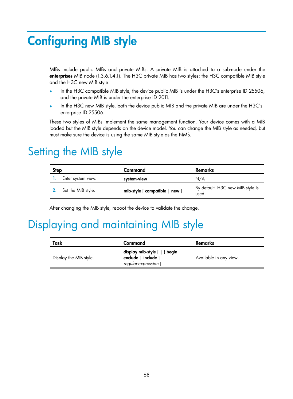 Configuring mib style, Setting the mib style, Displaying and maintaining mib style | H3C Technologies H3C WX5500E Series Access Controllers User Manual | Page 76 / 104