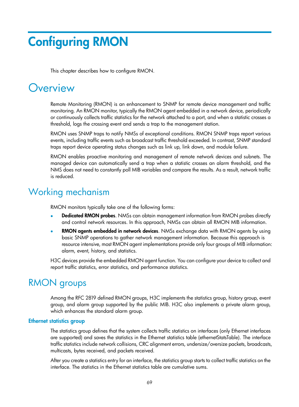 Configuring rmon, Overview, Working mechanism | Rmon groups, Ethernet statistics group | H3C Technologies H3C WX5500E Series Access Controllers User Manual | Page 77 / 104