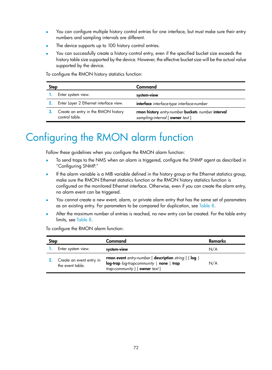 Configuring the rmon alarm function | H3C Technologies H3C WX5500E Series Access Controllers User Manual | Page 80 / 104