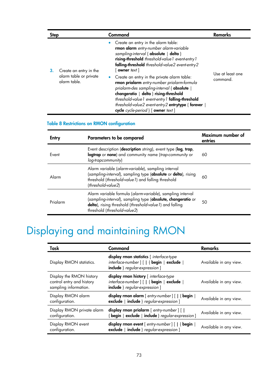 Displaying and maintaining rmon, Table 8 | H3C Technologies H3C WX5500E Series Access Controllers User Manual | Page 81 / 104