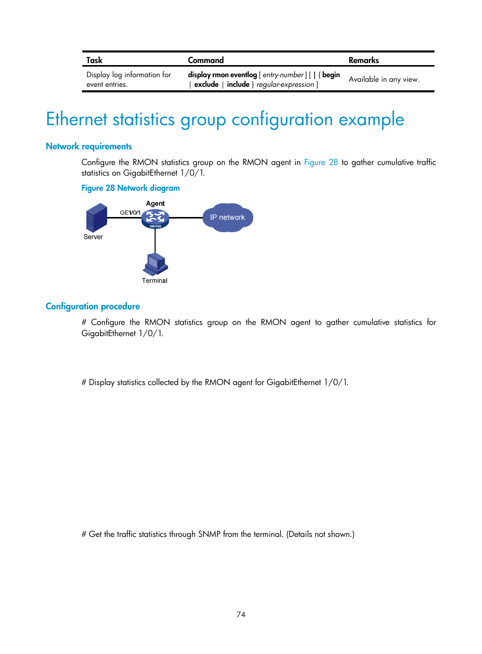 Ethernet statistics group configuration example, Network requirements, Configuration procedure | H3C Technologies H3C WX5500E Series Access Controllers User Manual | Page 82 / 104