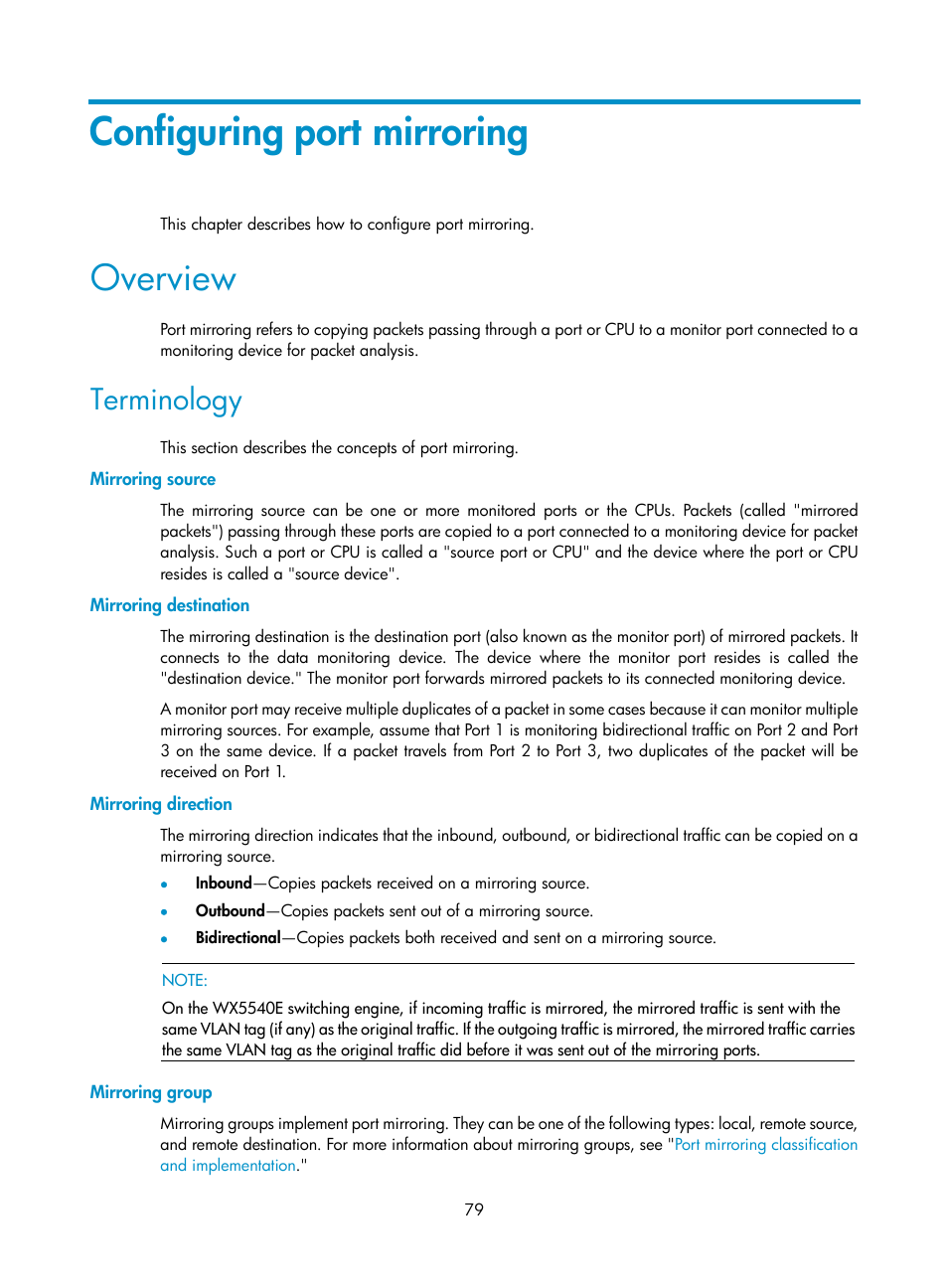 Configuring port mirroring, Overview, Terminology | Mirroring source, Mirroring destination, Mirroring direction, Mirroring group | H3C Technologies H3C WX5500E Series Access Controllers User Manual | Page 87 / 104