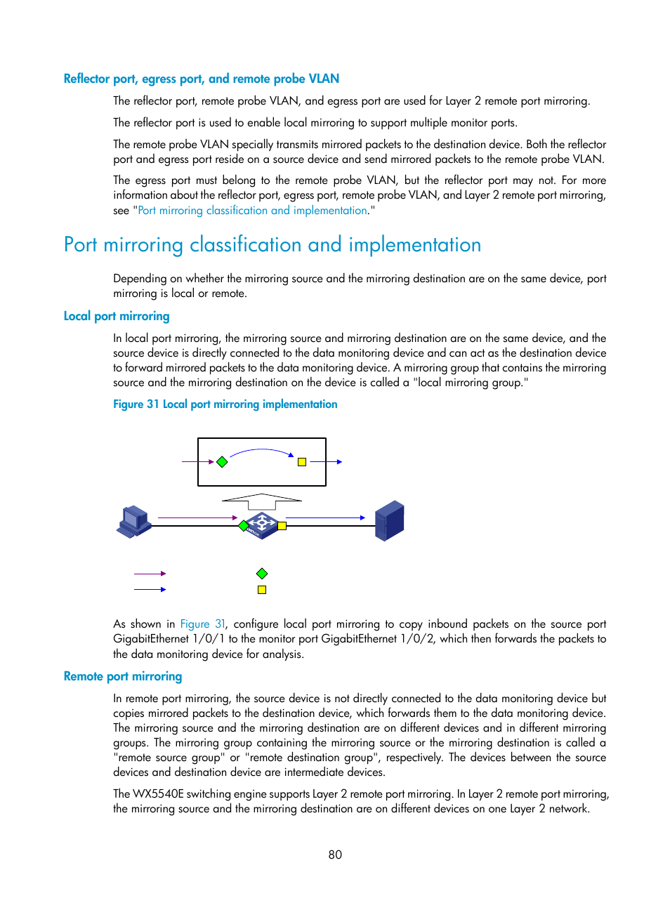 Reflector port, egress port, and remote probe vlan, Port mirroring classification and implementation, Local port mirroring | Remote port mirroring, Port mirroring classification, And implementation | H3C Technologies H3C WX5500E Series Access Controllers User Manual | Page 88 / 104